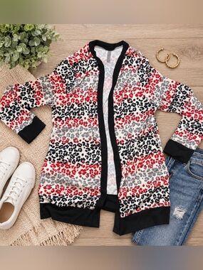 HoneYme Curvy Leopard Print Open Front Cardigan Women’s XL Black Red Gray